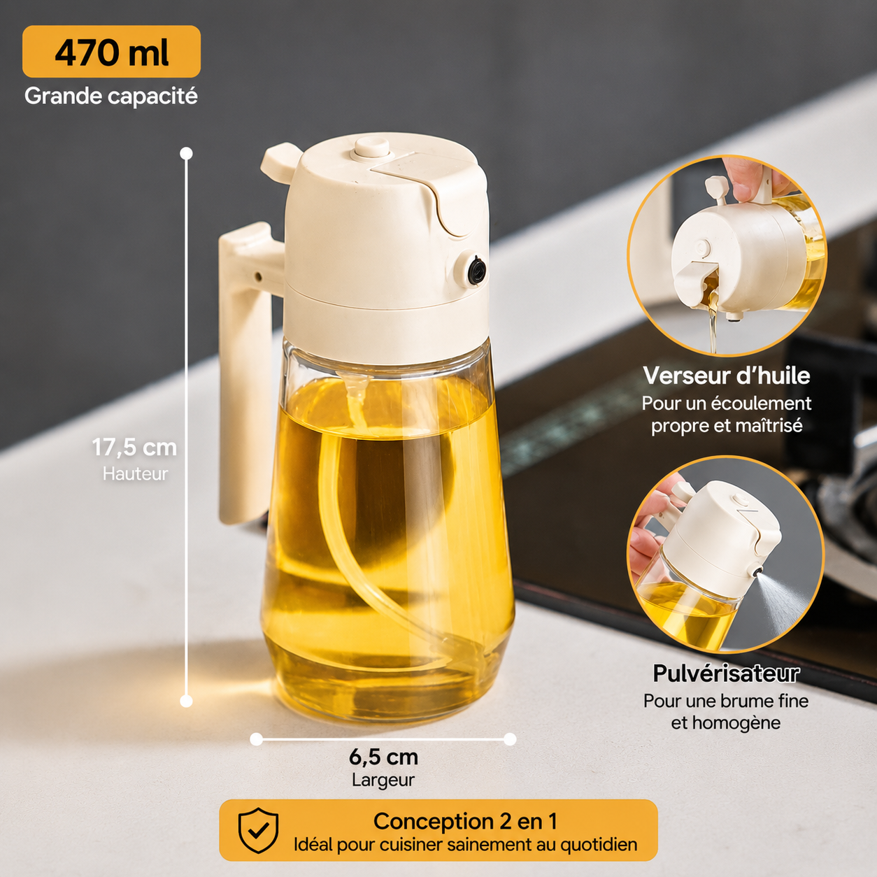 Pulvérisateur d'huile 2 en 1 KAFILYA™ – Spray et Verseur 470 ml